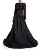 Beaded Lace-bodice Long-sleeve Taffeta Gown