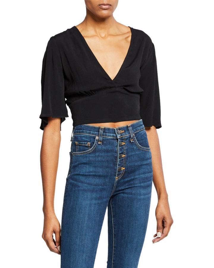 Flowy-sleeve V-neck Crop Top