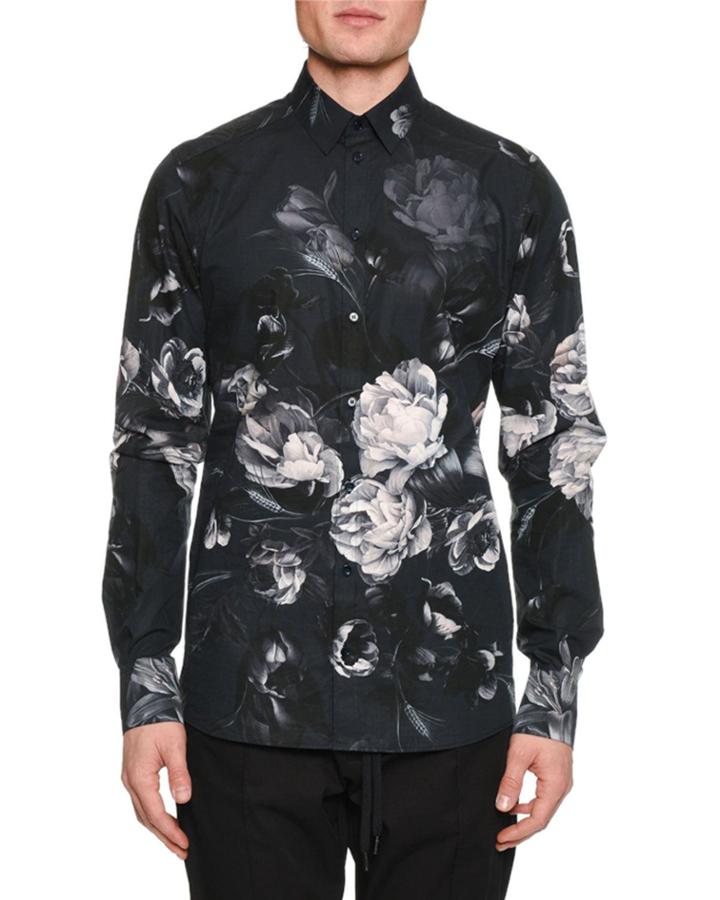 Men's Button-down Long-sleeve Floral-print