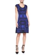 Nicole Miller Artelier Cap-sleeve Baroque & Corset-print Dress, Women's, Size: Large, Black/blue