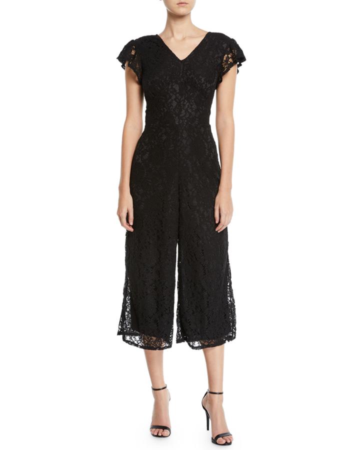 Lace Flutter-sleeve Cropped Wide-leg Jumpsuit