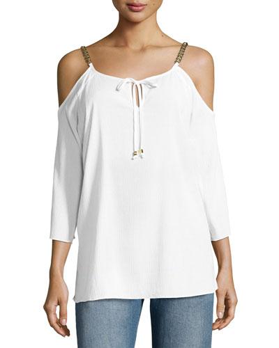 Cold-shoulder Chain Tie Top, White
