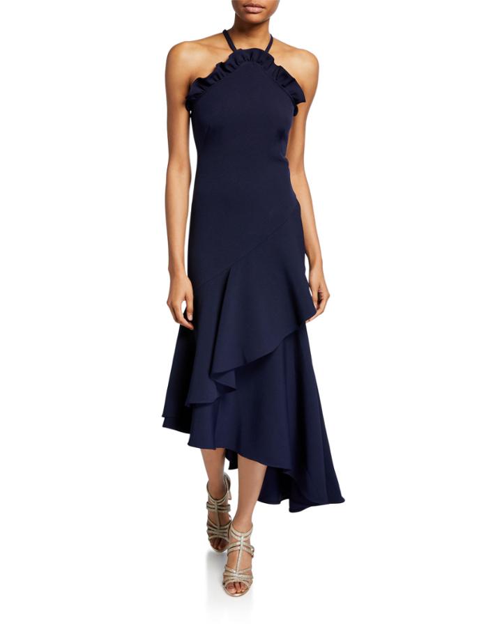 Leyma Crepe Asymmetric Ruffle Halter Gown