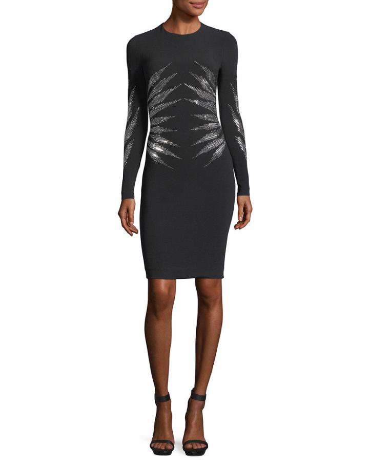 Studded Cady Long-sleeve Cocktail Dress