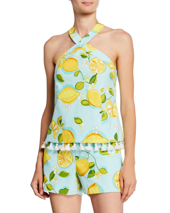 Cedar Lemon-print Halter Top W/ Tassels