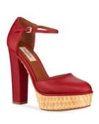 Leather Woven Raffia Platform Pumps