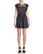Theresa Aztec-dot Floral-embroidered Bib Cap-sleeve Silk