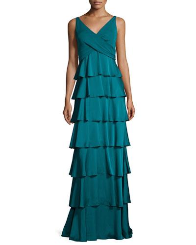 Sleeveless Tiered Column Gown, Dark Teal