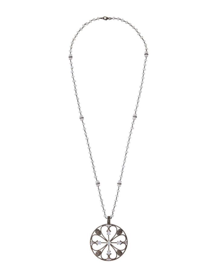 Long Moonstone Necklace W/ Diamond Clover