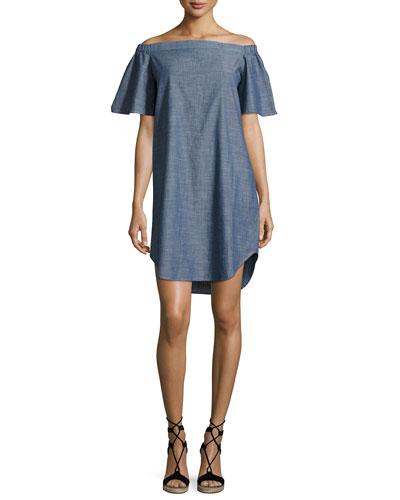 Louella Off-the-shoulder Chambray Dress, Blue