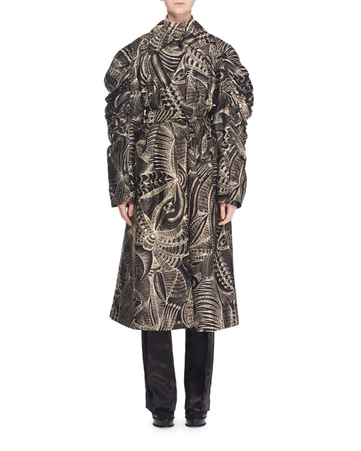 Button-front Full Long-sleeve Tie-waist Abstract-print Trench Coat