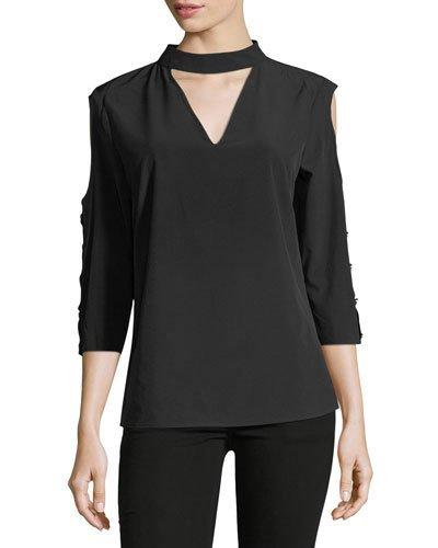 Choker-neck Button-sleeve Tee