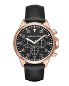 43mm Chronograph Gage Leather Watch, Black/rose Golden