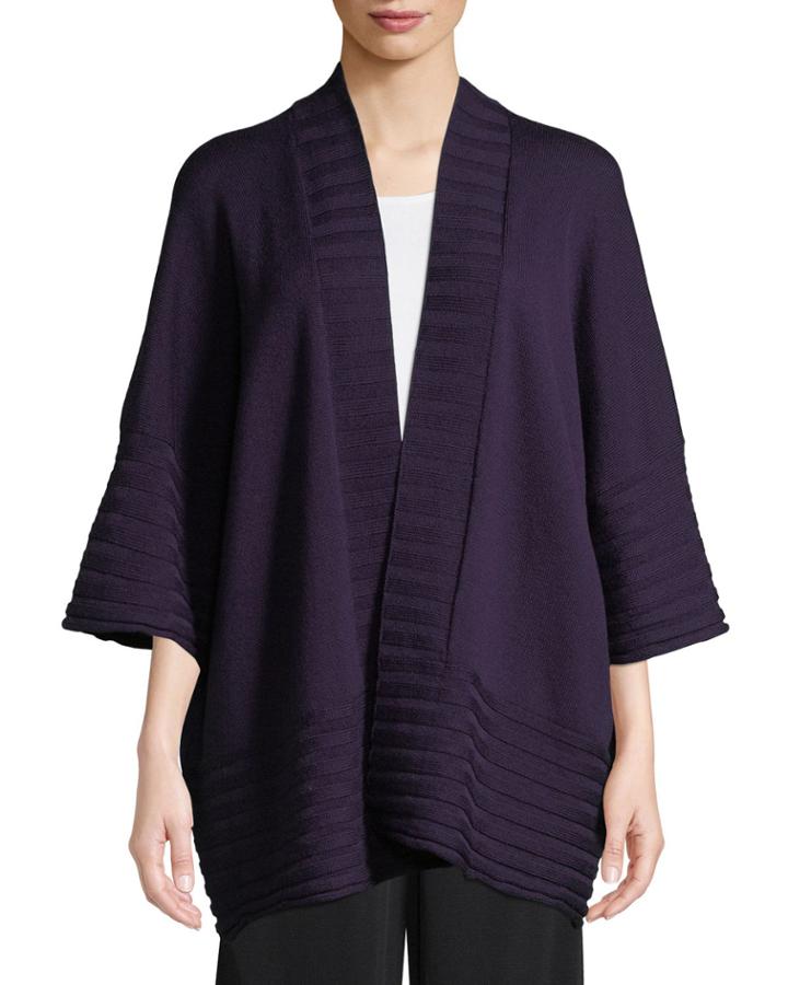 Open-front Wool Poncho Cardigan W/ Ribbed Detail