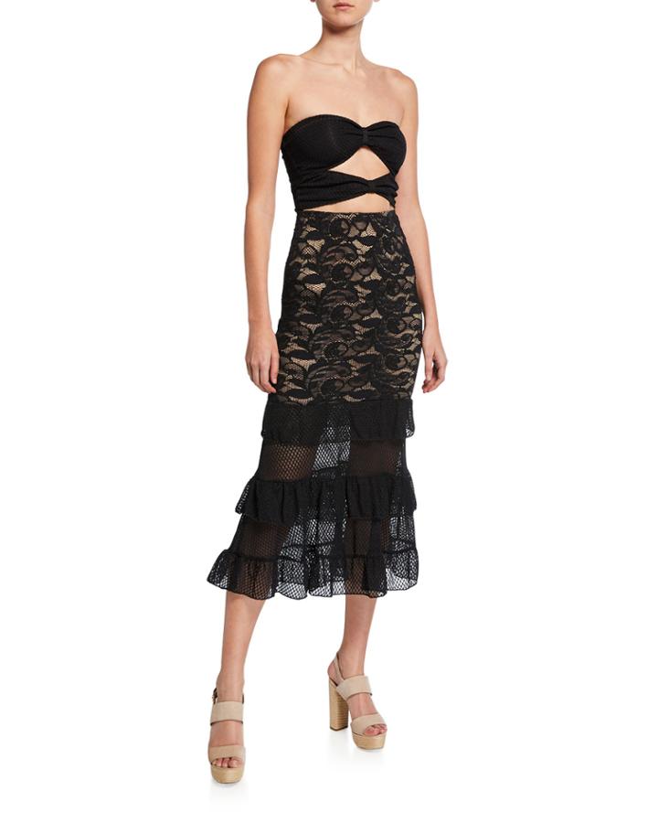 Strapless Cutout Bustier Lace Cocktail Dress With Ruffles