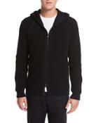 Textured Waffle-knit Zip-front Hoodie, Black