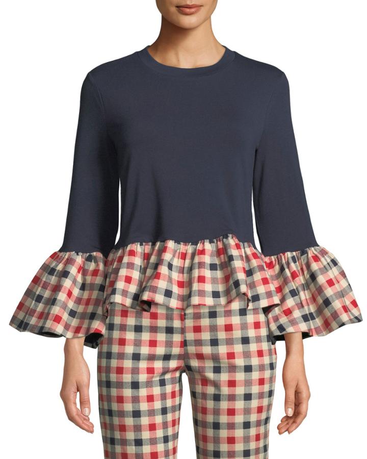 Gingham Bell-sleeve Peplum Top