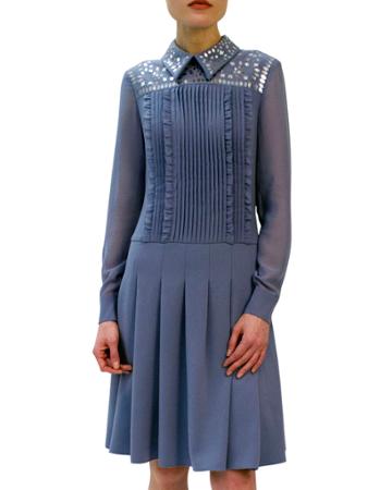 Embellished Crepe Pleated Dress W/ Chiffon