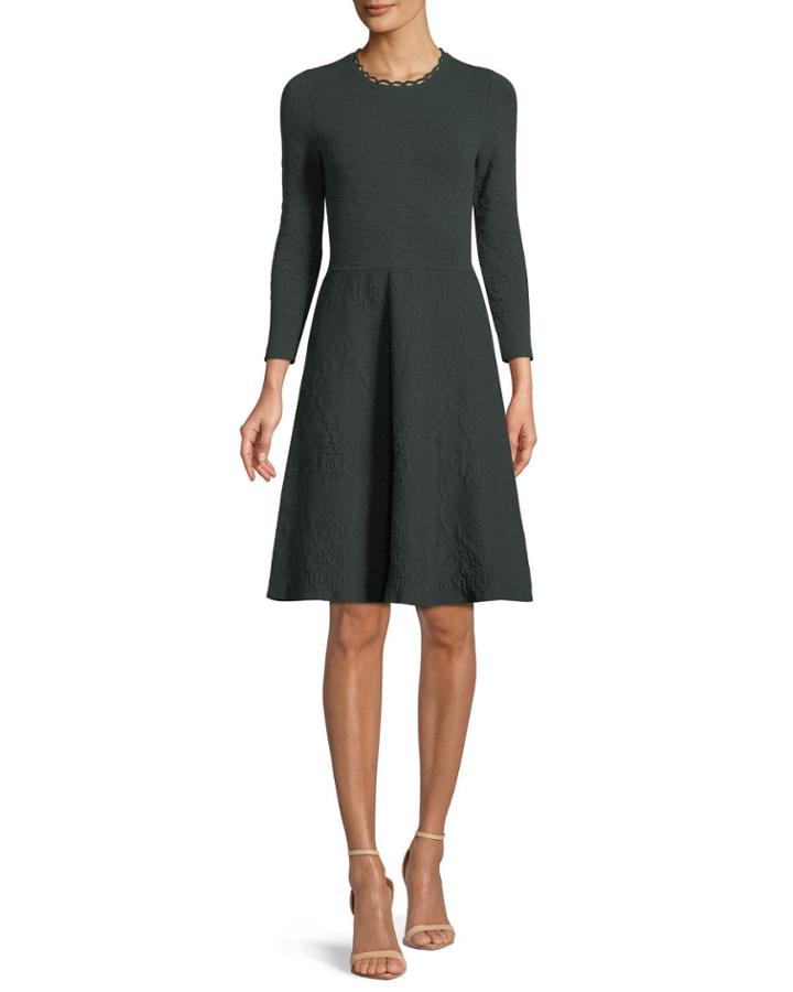 Jewel-neck Long-sleeve Fit-and-flare Knit Jacquard Dress