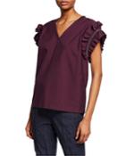 Crinkle Cotton Short-sleeve V-neck Top With