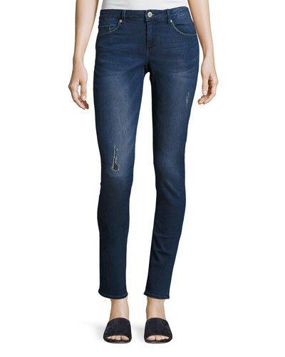 Mid Snap Distressed Skinny Jeans, Dark Blue