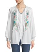Peacock Embroidered Button-front Peasant Blouse