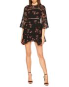 Crewneck 3/4-sleeve Poppy-print Mini Dress W/