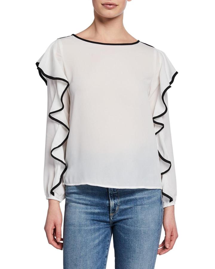Semisheer Top W/long Sleeves And Ruffle Trim