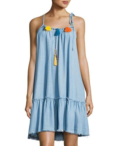 Raw-hem Chambray Tassel-trim Dress,