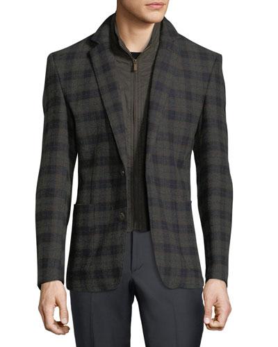 Wool-blend Plaid Bib Blazer. Blue/gray