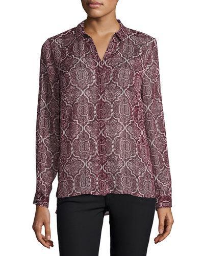 Metallic-thread Print Blouse, Rich Garnet