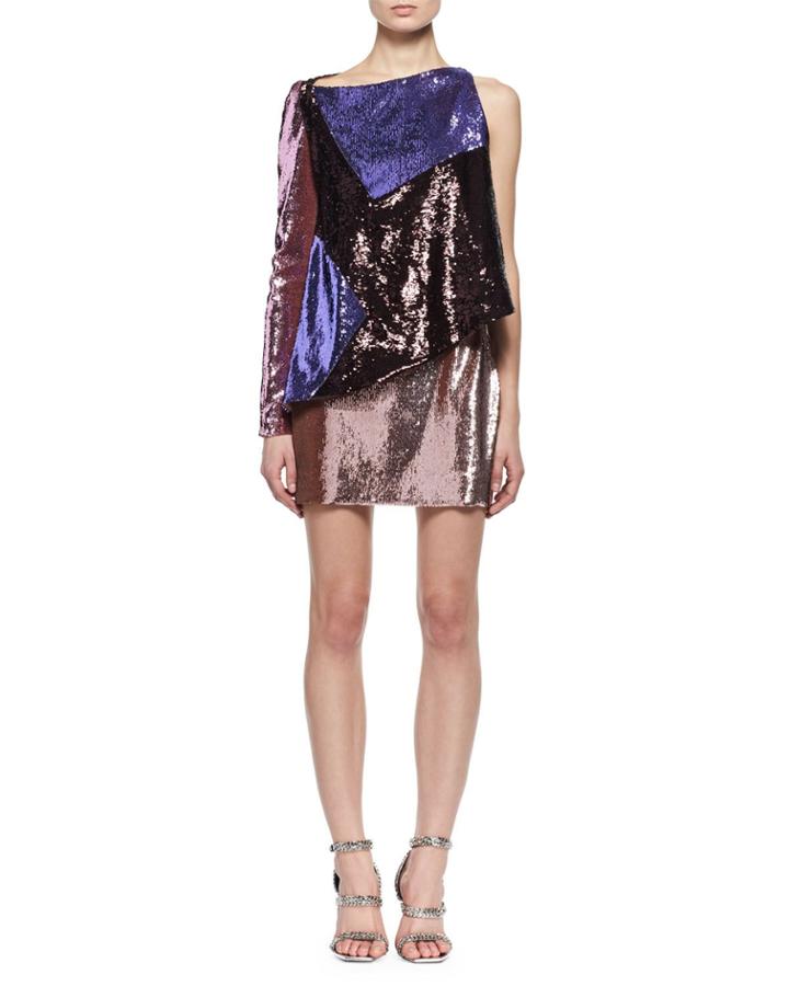 Sequined Colorblock One-sleeve Dress