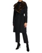 Faux Fur Mink Collar Belted Wool-blend Coat