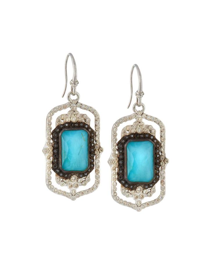 New World Rectangle Turquoise & Quartz Doublet Drop Earrings With Diamonds