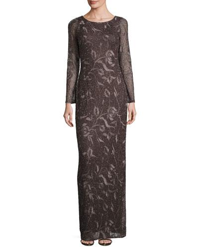 Long-sleeve Beaded Floral Column Gown, Espresso