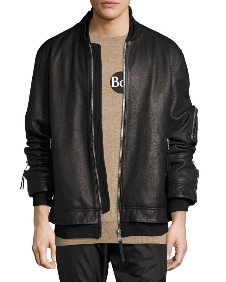 Rudyard Leather Bomber Jacket, Black