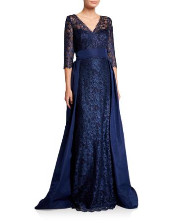 V-neck 3/4-sleeve Lace Gown With Silk Faille Overlay