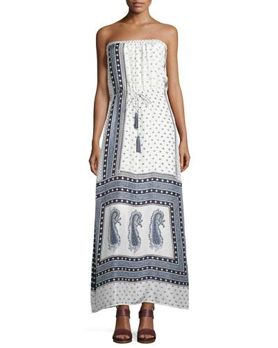 Caparica Scarf-print Strapless Maxi Dress, Coconut