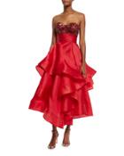 Beaded Strapless Tea-length Gown, Red