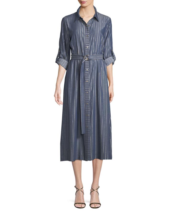 Millie Belted Shimmer-striped Chambray