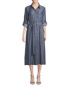 Millie Belted Shimmer-striped Chambray