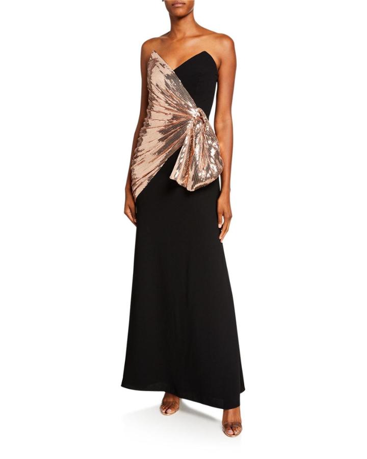 Strapless Crepe Column Gown W/ Sequin Bow Detail