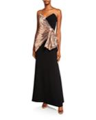 Strapless Crepe Column Gown W/ Sequin Bow Detail