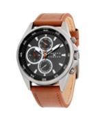 Men's 46mm Chronograph Watch W/ Leather, Black/brown