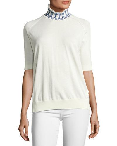 Short-sleeve Raglan Cotton Turtleneck Sweater, Tan/white