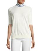 Short-sleeve Raglan Cotton Turtleneck Sweater, Tan/white