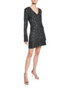 V-neck Long-sleeve Bejeweled Evening Texture Knit Dress W/ Chain Trim