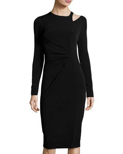Long-sleeve Crewneck Ruched Dress, Black