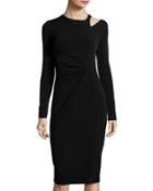 Long-sleeve Crewneck Ruched Dress, Black