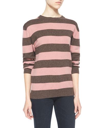 Striped Wales Pullover Sweater, Clover Pink/chocolate